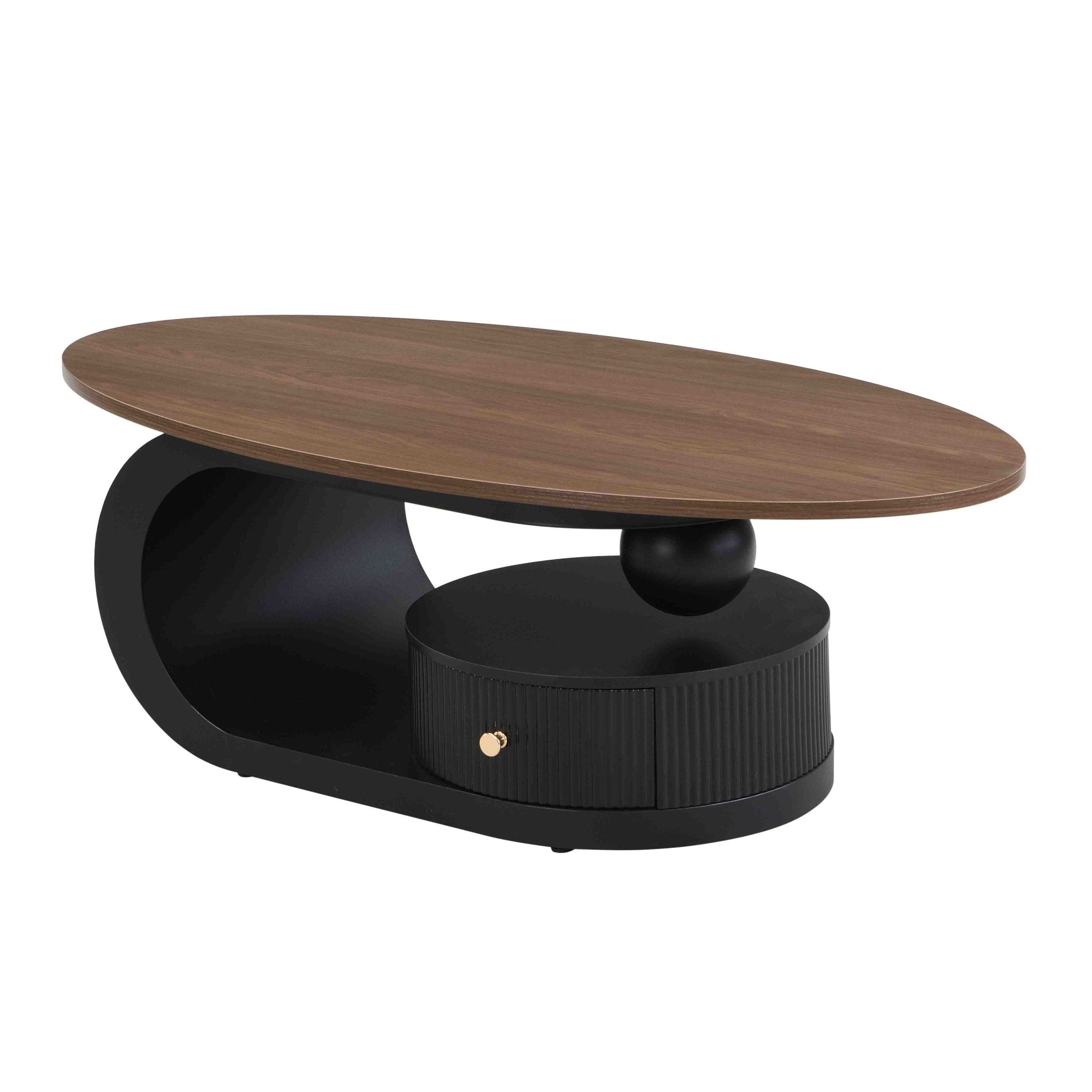 Anthony & Home black iron frame nesting coffee tables set with natural wood tops, two-piece modern accent tables.