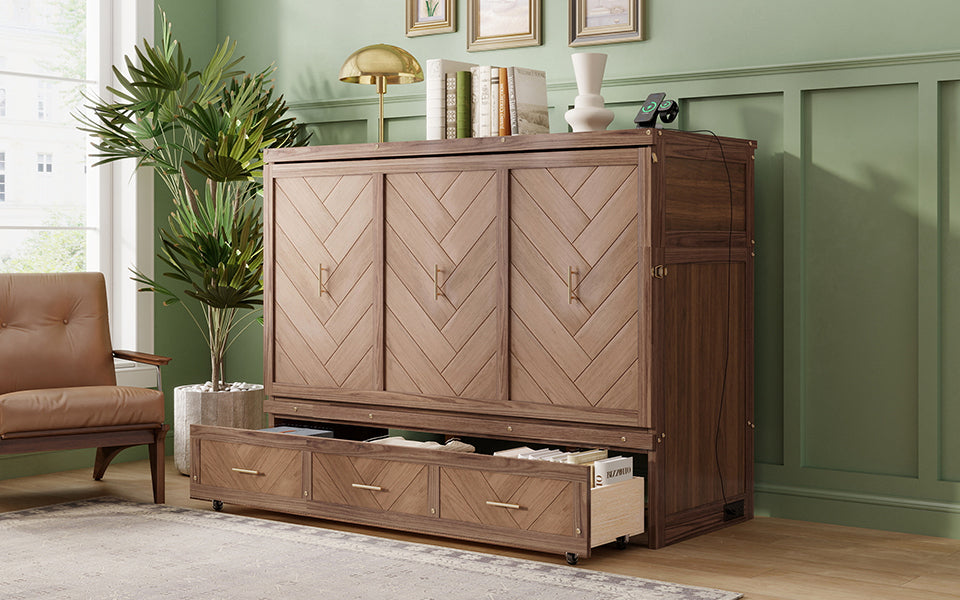 Murphy bed studio in light walnut finish by Anthony & Home, showing the bed in closed and partially open positions in a modern room.
