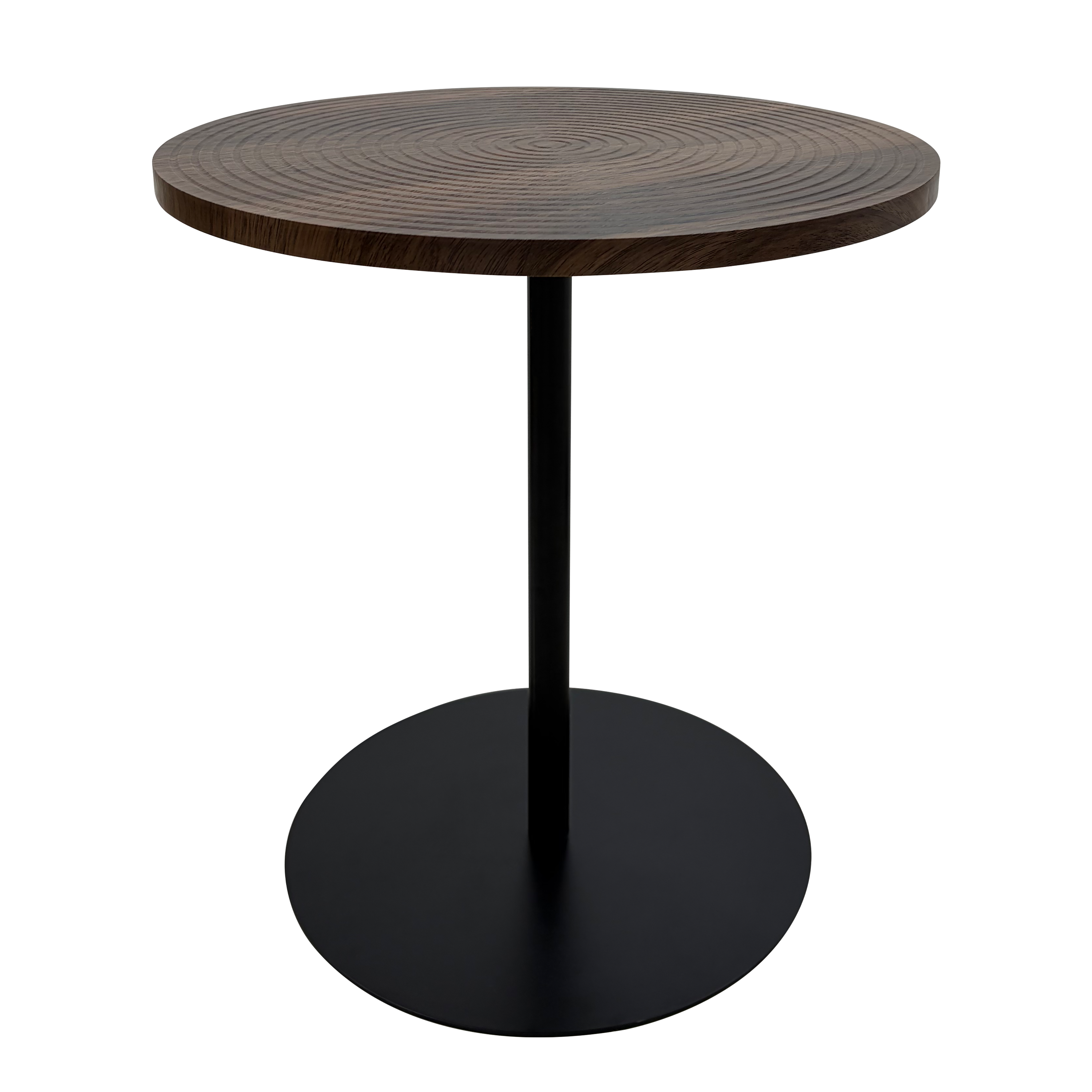 Set of 2 walnut round side tables with black metal pedestal bases featuring concentric design from Anthony & Home Atelier Collection.