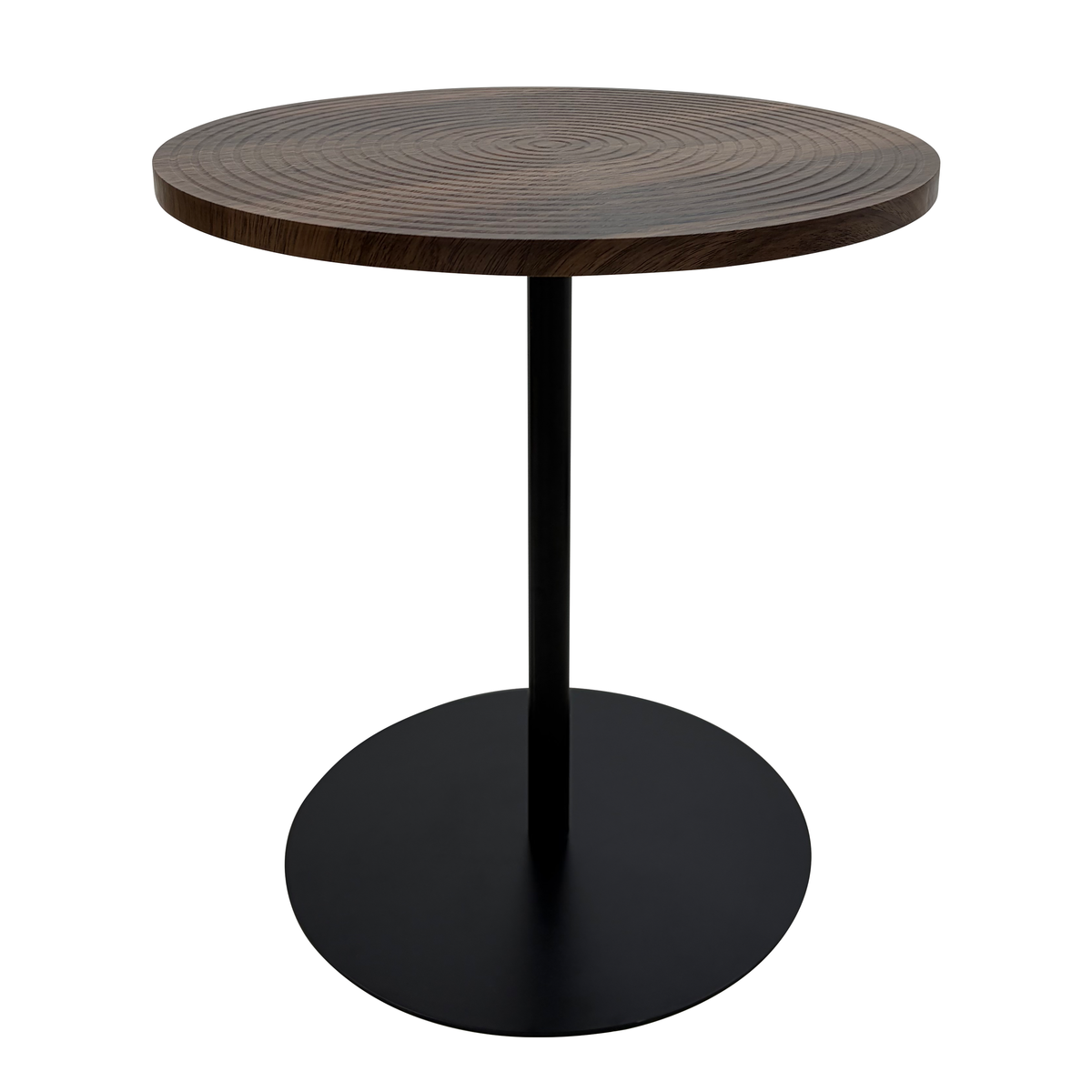 Set of 2 walnut round side tables with black metal pedestal bases featuring concentric design from Anthony & Home Atelier Collection.