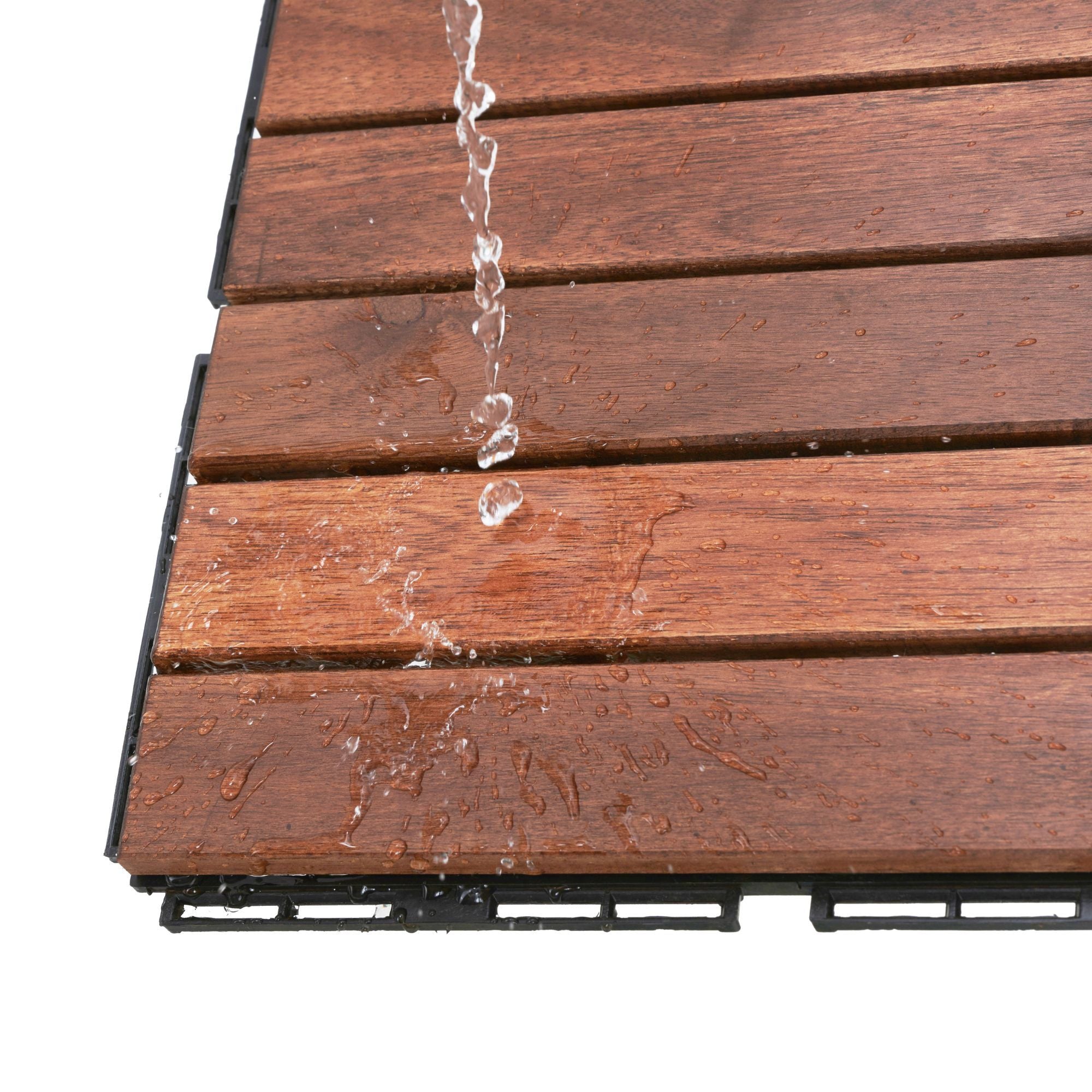 Anthony & Home Acacia Studio Interlocking Deck Tiles in striped pattern, 12-inch size, showing textured wood surface and interlocking design.