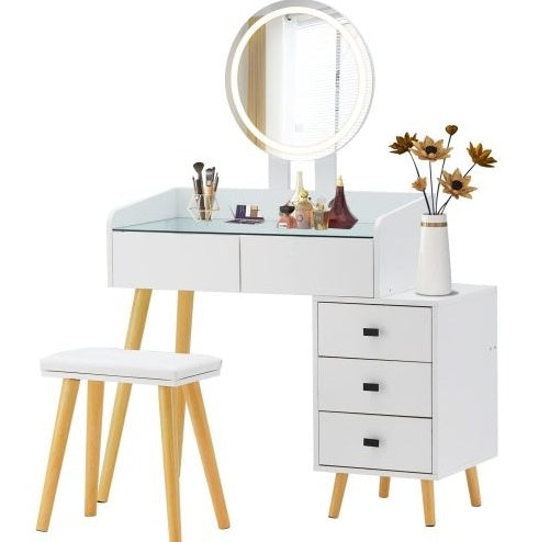 Dressing Table With LED Lights Glass Top 5 Drawers Mirror