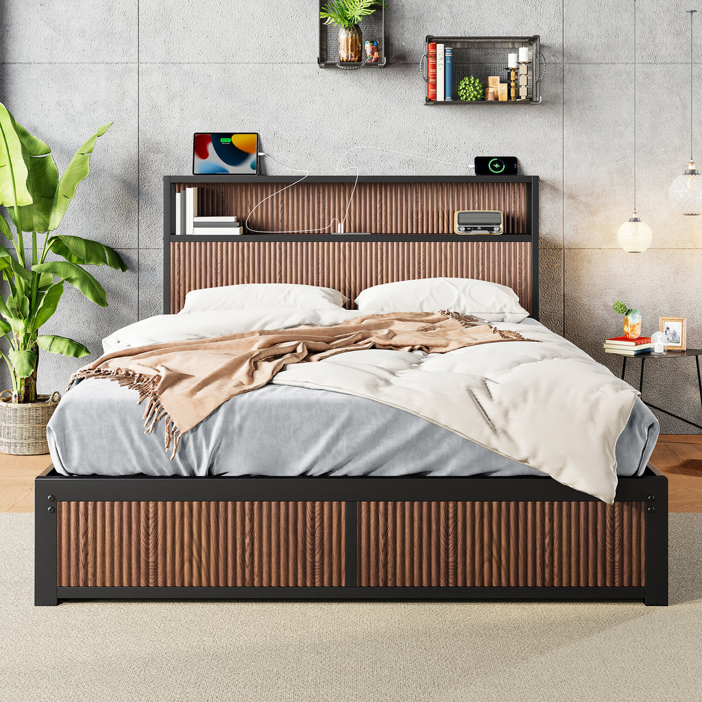 Queen Exclusive Storage Platform Bed Frame In Engineered Hardwood With Drawers And Bedside Socket