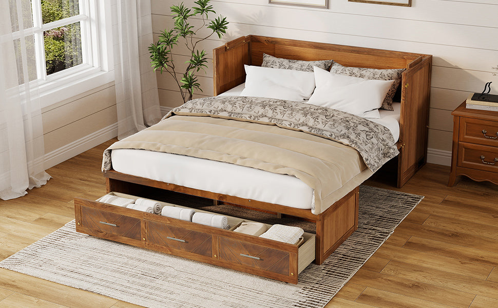 Queen size Walnut Murphy bed cabinet with geometric panels, USB charging port, from Anthony & Home Studio Collection.
