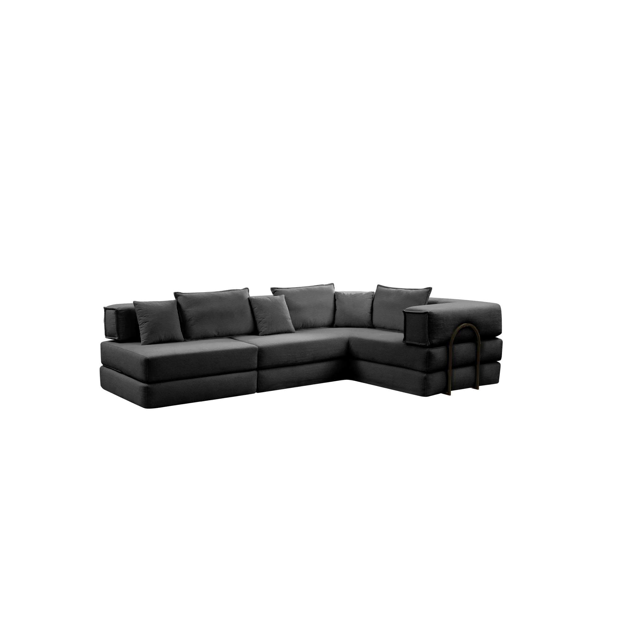 Black corduroy modular sectional sofa by Anthony & Home, featuring a contemporary design with plush cushions and sleek upholstery.