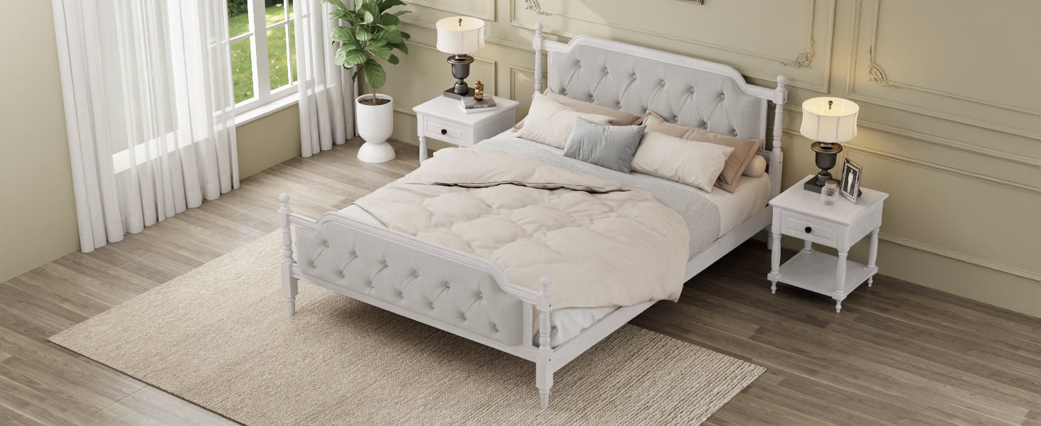 Antique white king bed frame with linen tufted headboard, elegant bedroom furniture from Anthony & Home.