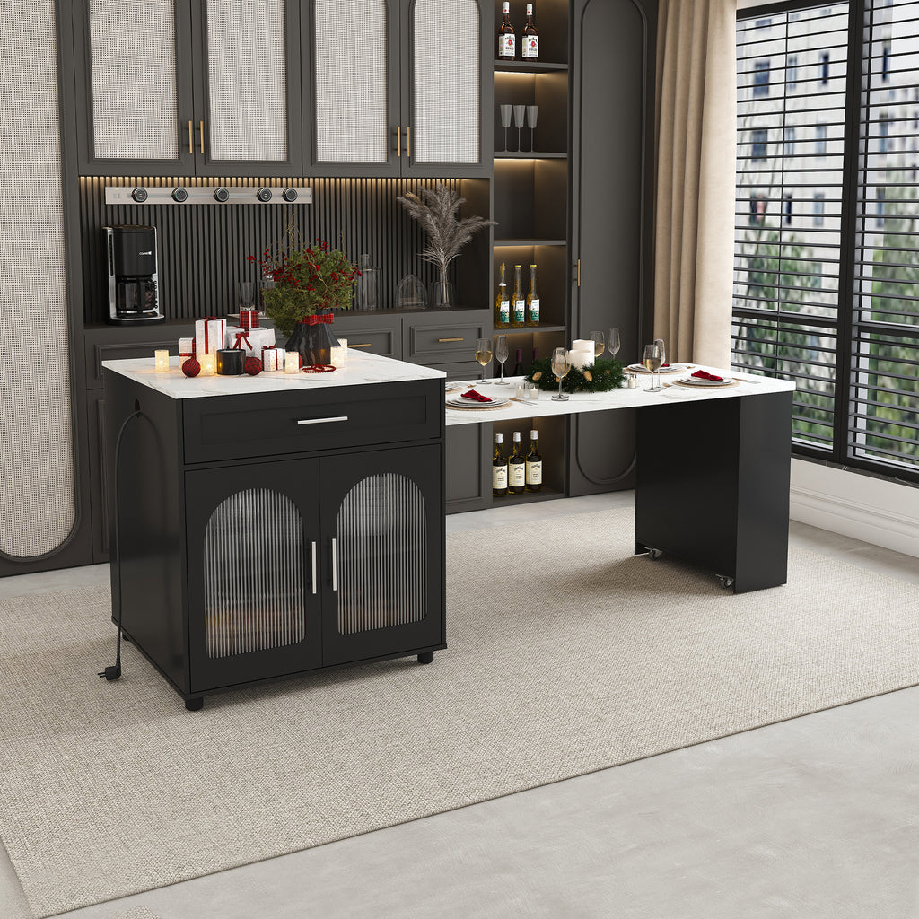 Black Expandable Kitchen Island with Marble - Grain Countertop, Power Outlet, Mobile Storage Cart with Cabinet & 2 Drawers, 80 - Inch Dining Table - Anthony & Home