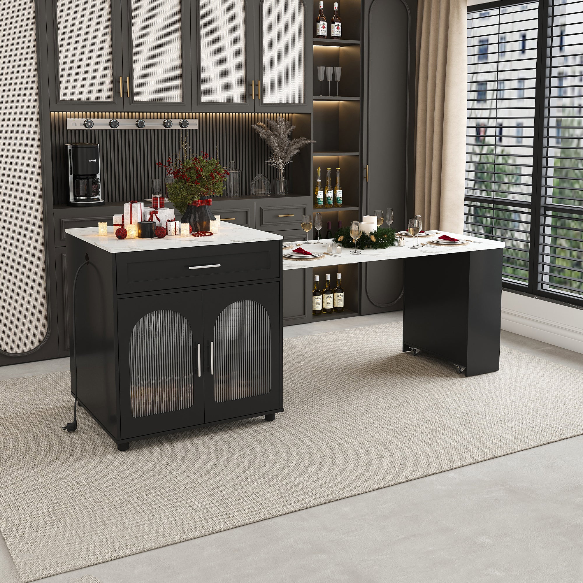 Black Expandable Kitchen Island with Marble - Grain Countertop, Power Outlet, Mobile Storage Cart with Cabinet & 2 Drawers, 80 - Inch Dining Table - Anthony & Home