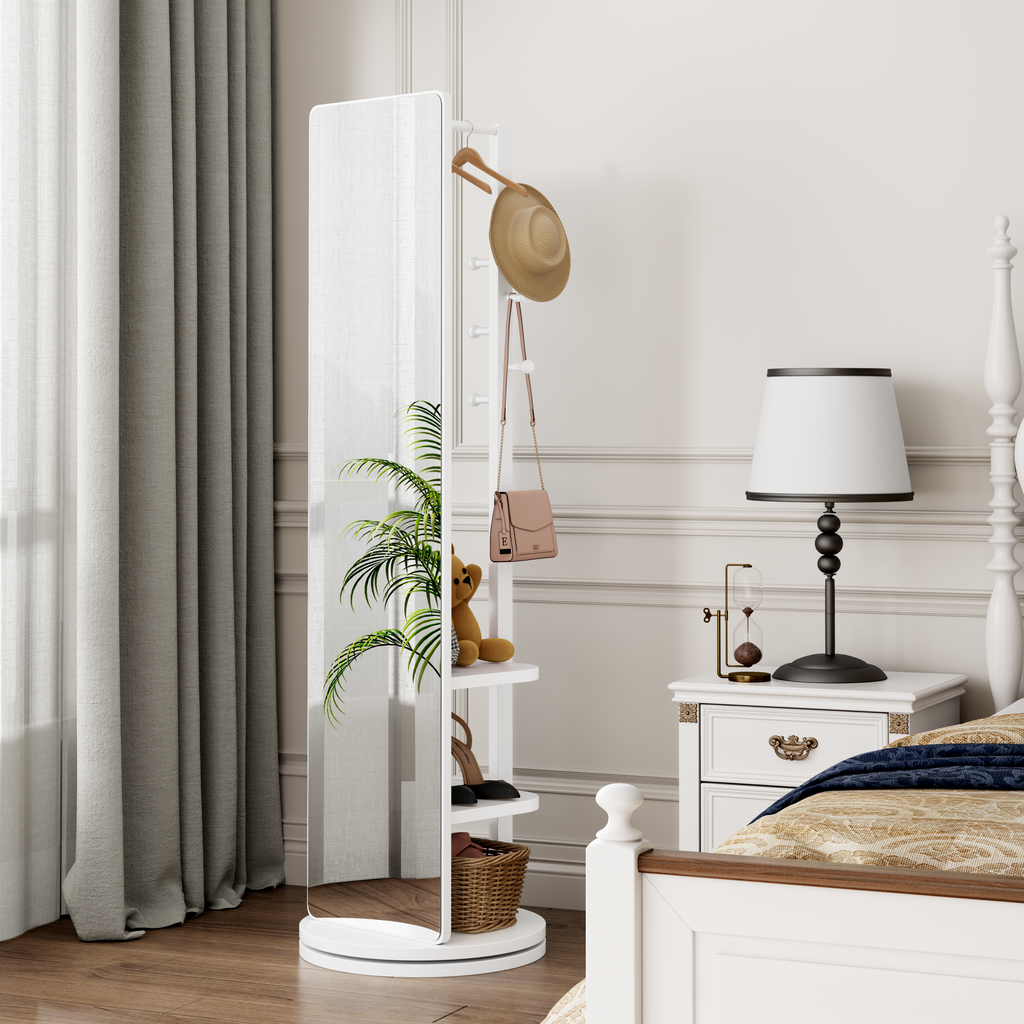 360 Degree Rotating Full Length Mirror 69x16 Rubber Wood Frame With Hook Storage Rack White Exclusive Boutique Finish