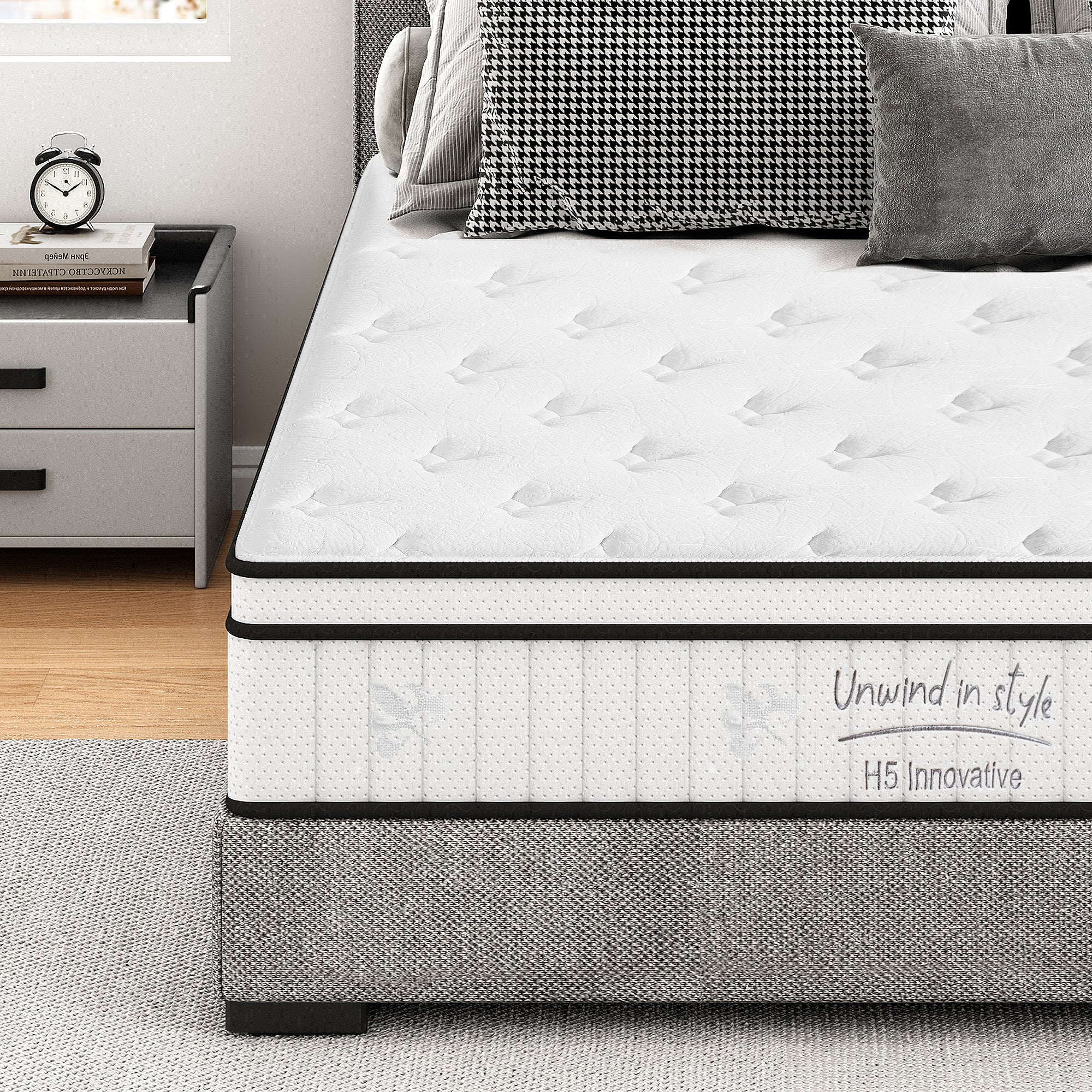 Full-size Anthony & Home hybrid mattress with pocketed innerspring and plush fabric, showcasing the comfortable sleep surface.
