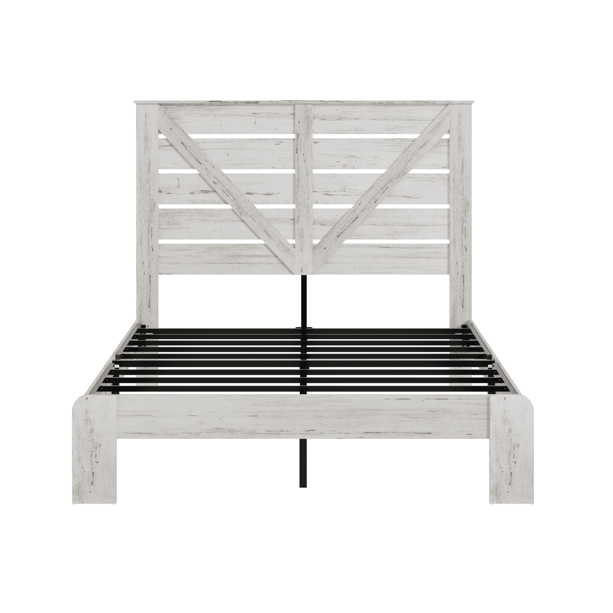 White steel Queen platform bed frame with wood accents, noise-free, no box spring, Atelier Edition by Anthony & Home