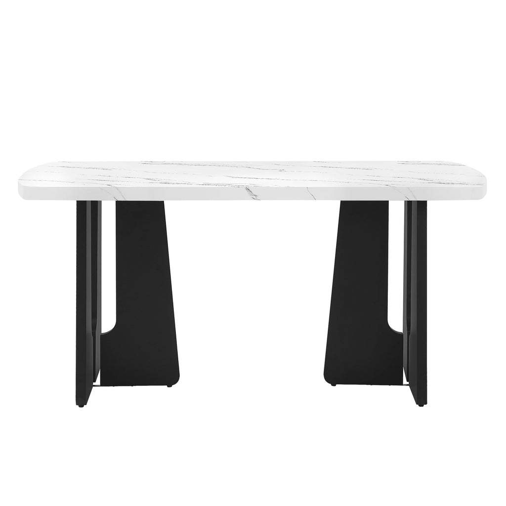Black and white faux marble dining table with geometric black legs by Anthony & Home, modern and stylish for dining rooms.