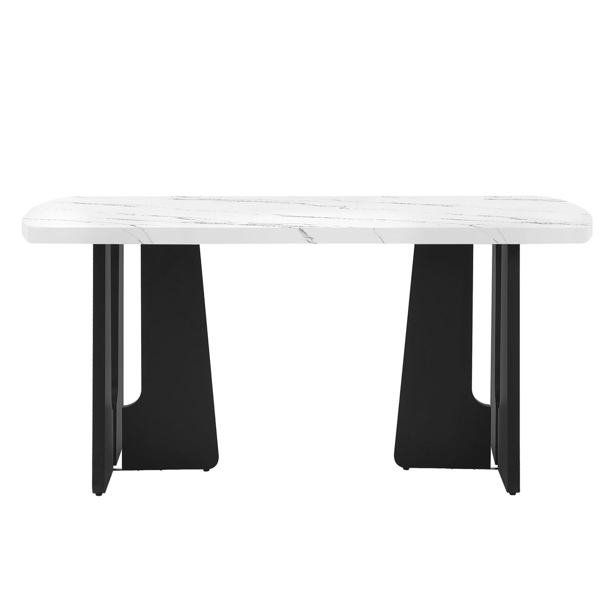 Black and white faux marble dining table with geometric black legs by Anthony & Home, modern and stylish for dining rooms.