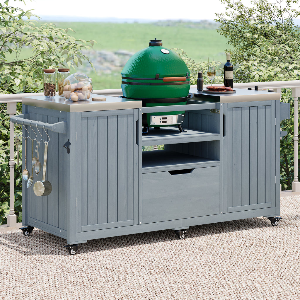 Solid wood outdoor kitchen island with countertop and storage for Big Green Egg, by Anthony & Home outdoor kitchen studio