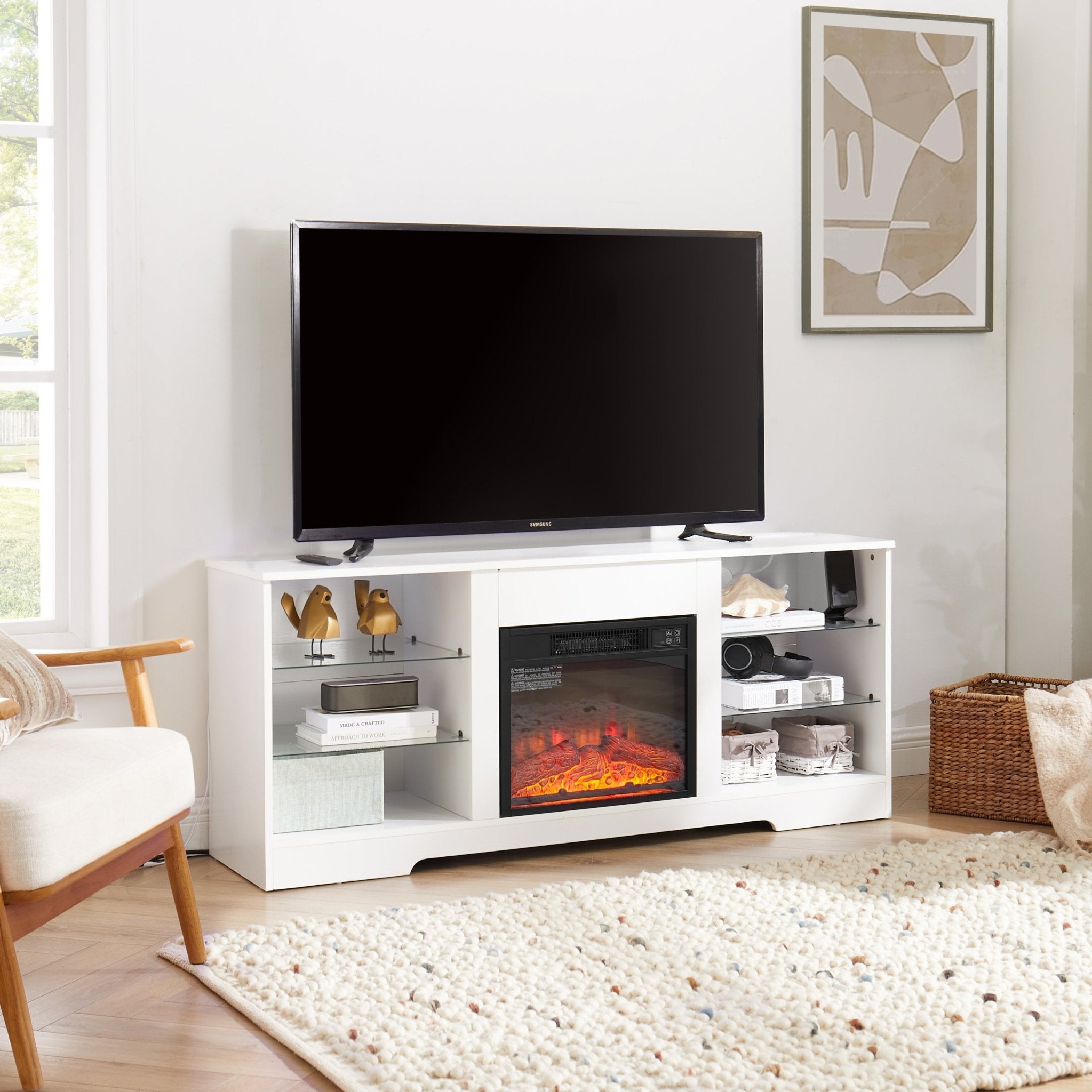 Anthony & Home electric fireplace TV stand with glass shelves, featuring a modern design and integrated fireplace for living room decor.