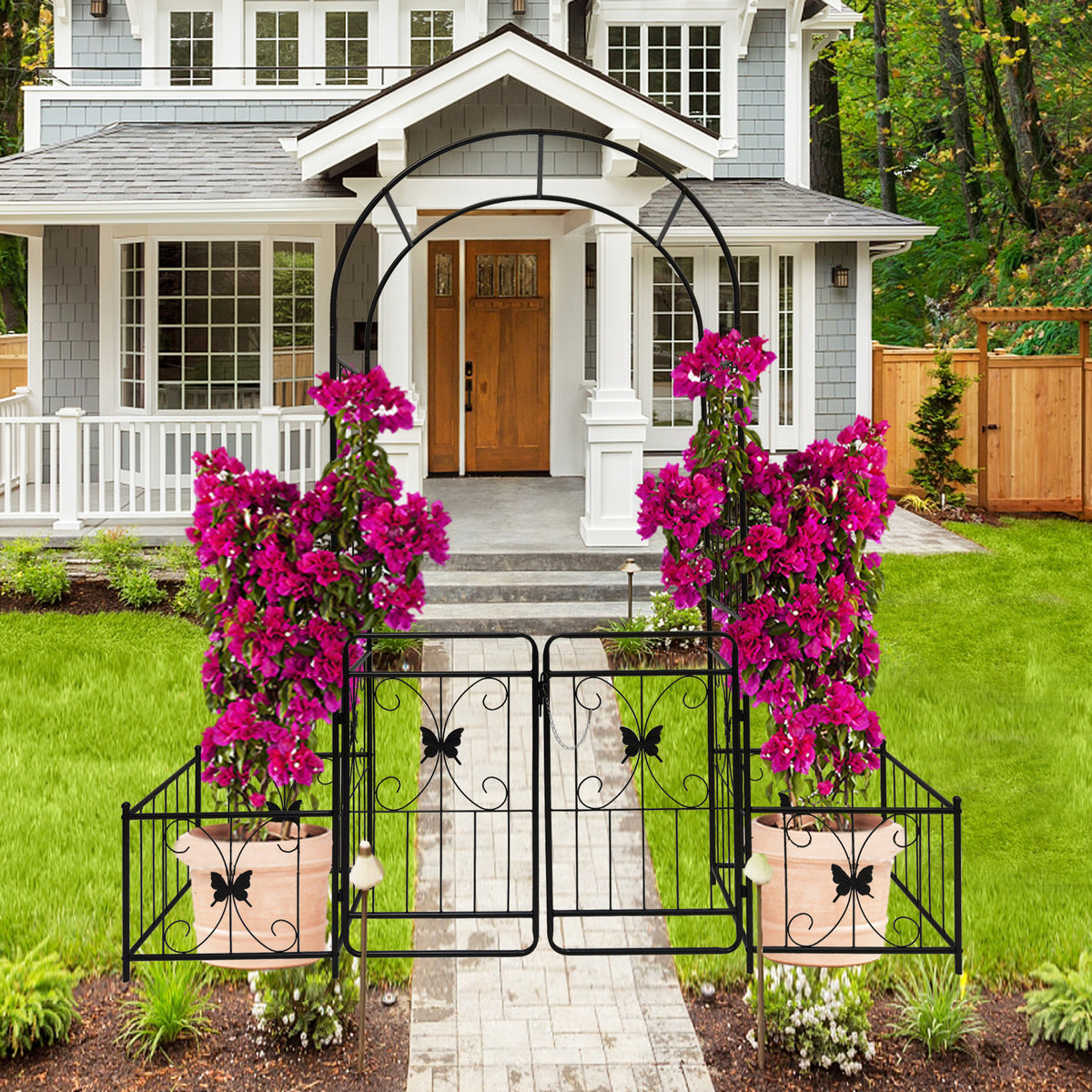 Black powder-coated metal garden arch with gate, 80x86 inches, rose arbor style, by Anthony & Home.