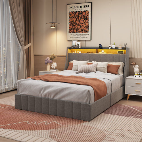 Full Size Bed Frame With Led And Under Bed Storage Drawers