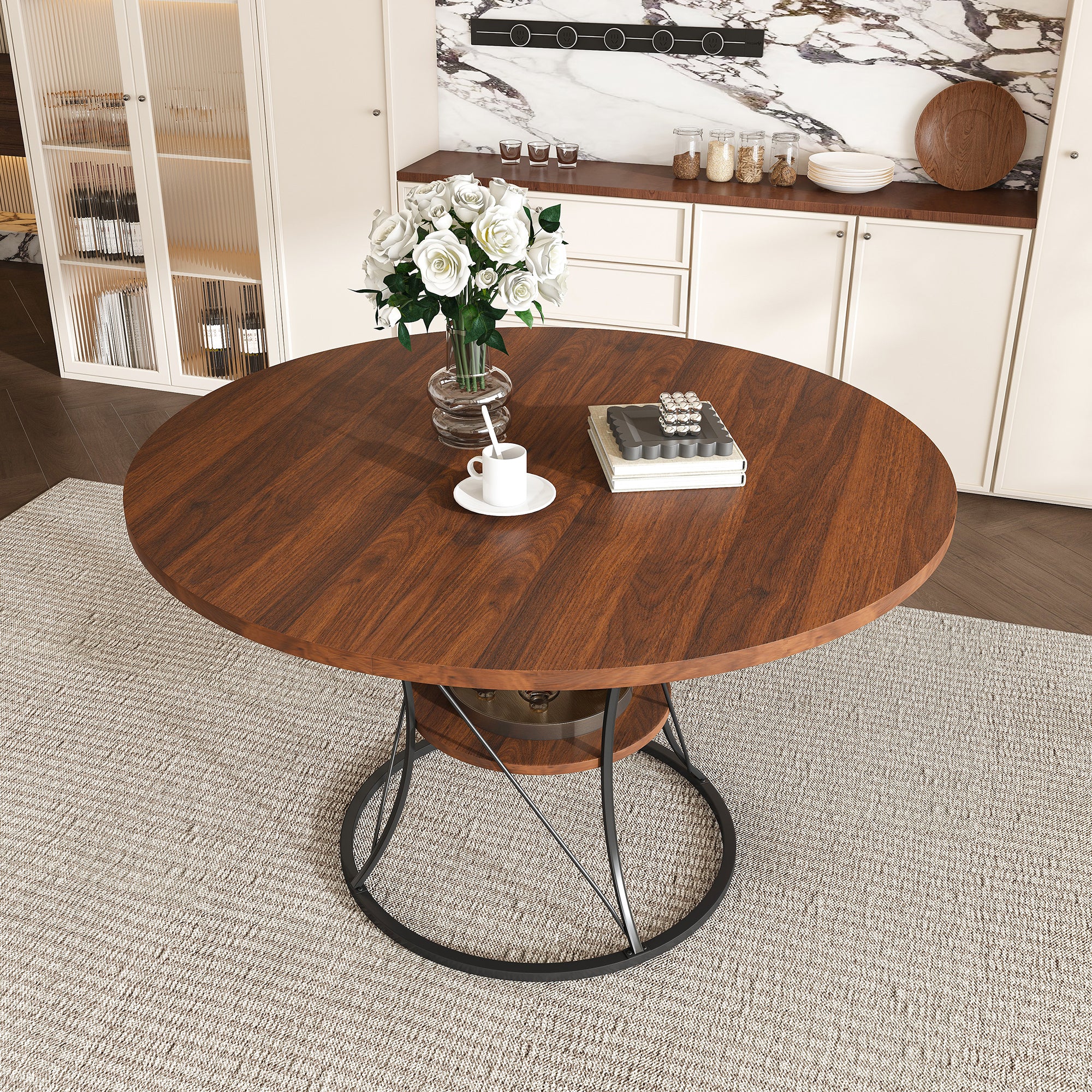 Anthony & Home studio round extendable dining table made of solid wood, showcasing its polished surface and extendable design.