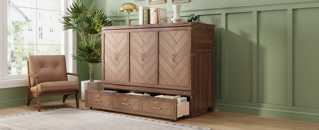 Murphy Bed Studio in light walnut finish by Anthony & Home, featuring a space-saving wall bed with sleek wooden cabinetry