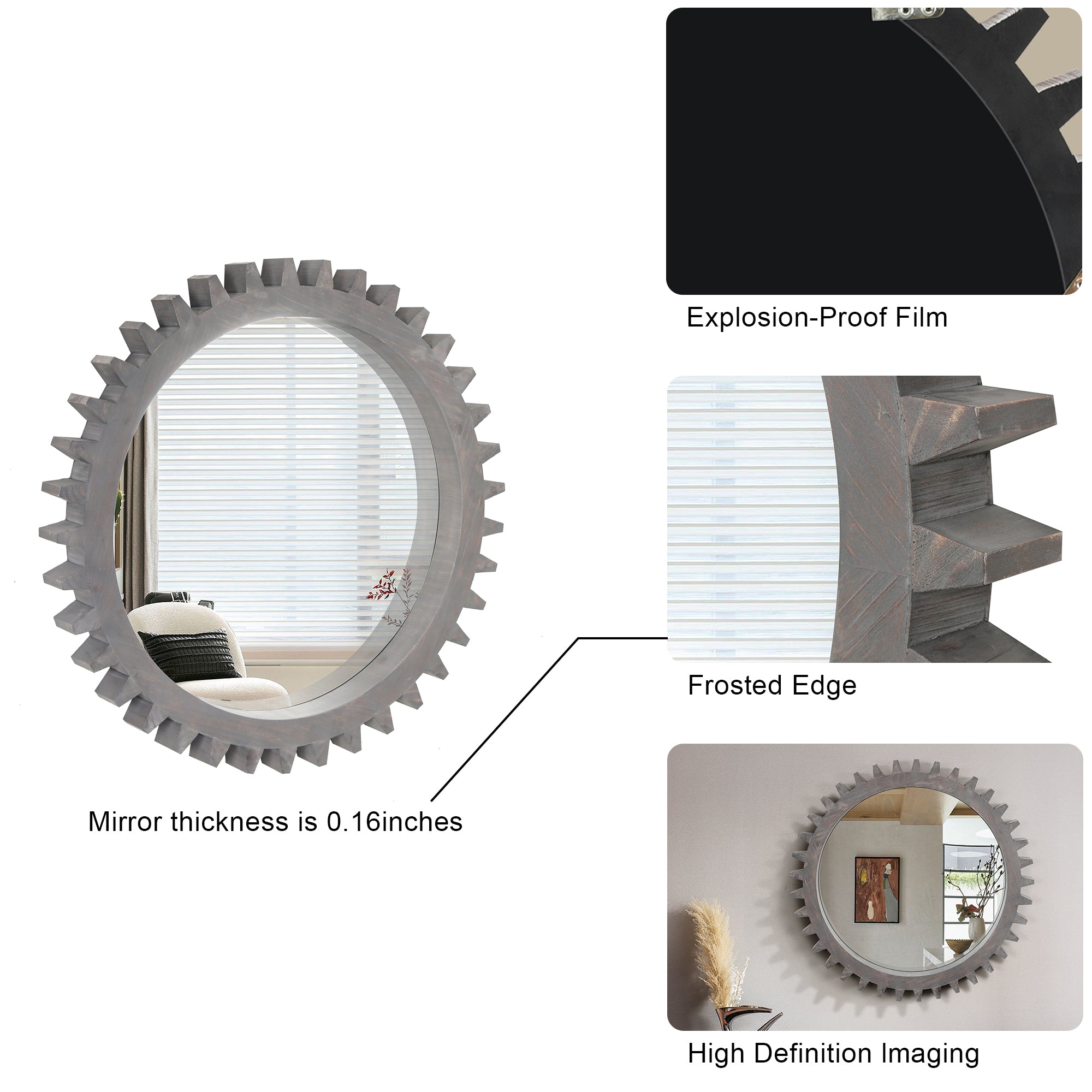 Round antique white washed wood mirror from Anthony & Home, studio style with a vintage-inspired design.