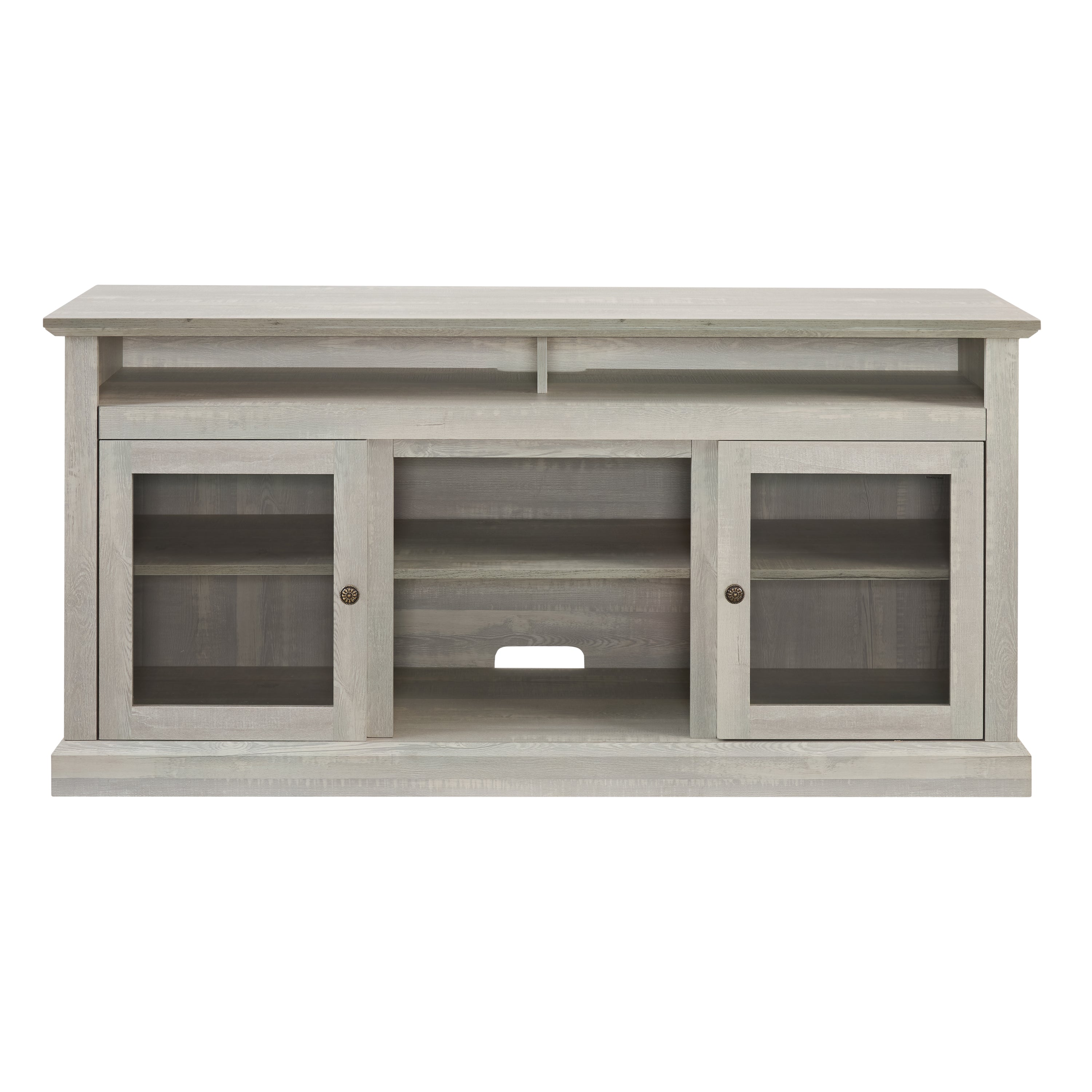 Anthony & Home Atelier Stone Gray television console with dual storage, showcasing sleek modern design and ample space.