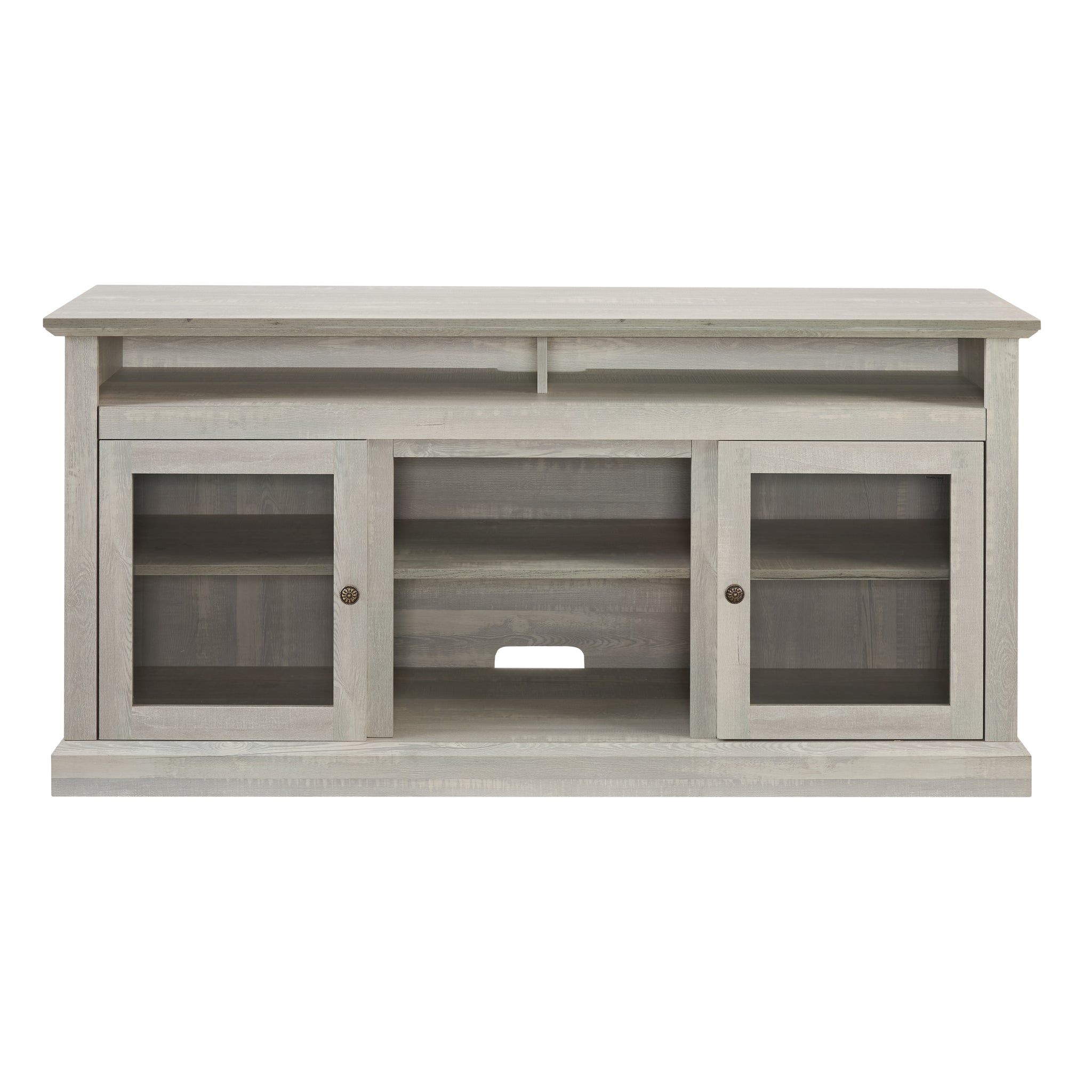 Anthony & Home Atelier Stone Gray television console with dual storage, showcasing sleek modern design and ample space.