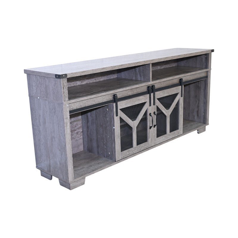 Anthony & Home Iron Mesh Barn Door TV Stand, Signature Edition with black iron mesh doors and wooden top for modern rustic decor.