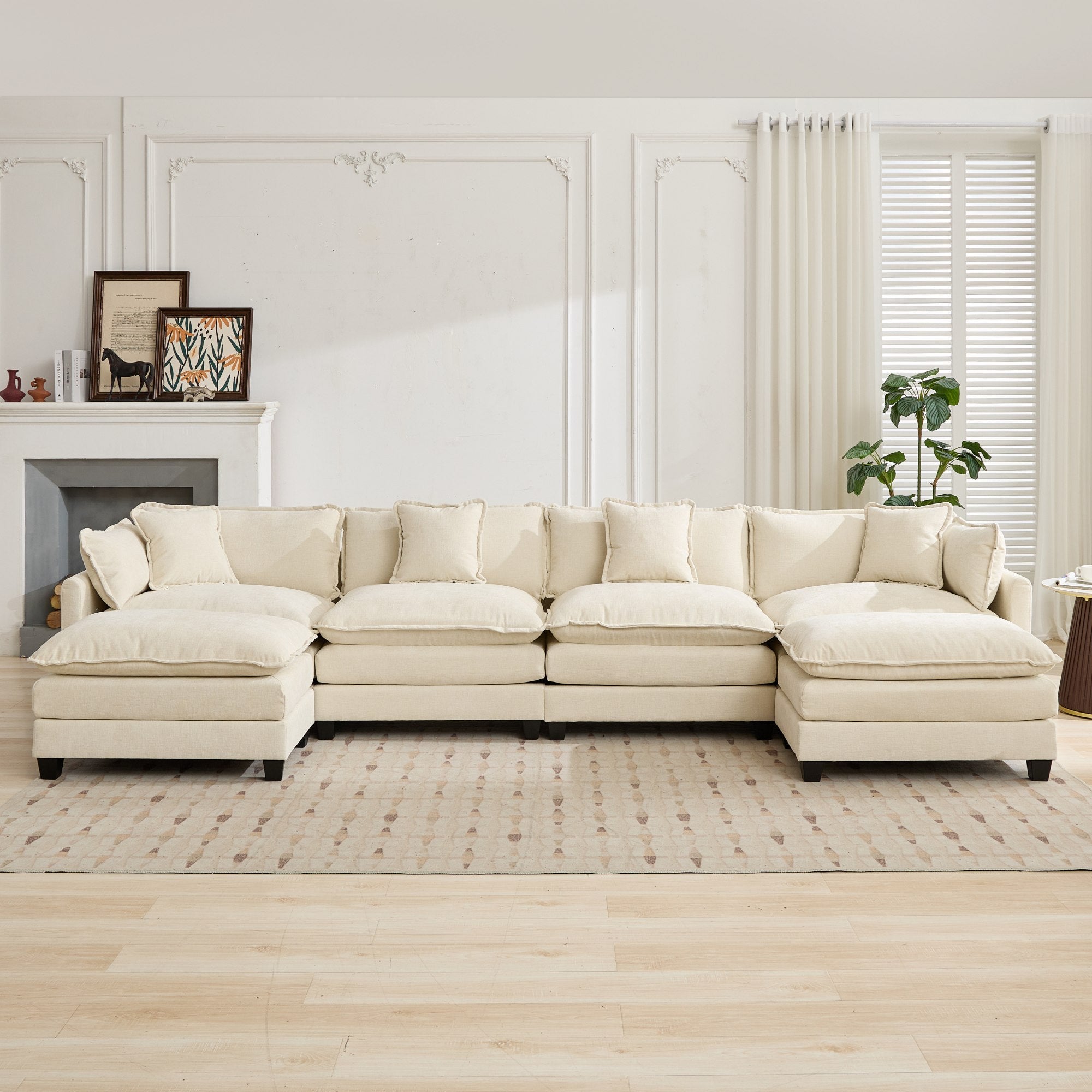 Beige chenille sectional sofa from Cloud Studio by Anthony & Home, featuring plush cushions and modern design.
