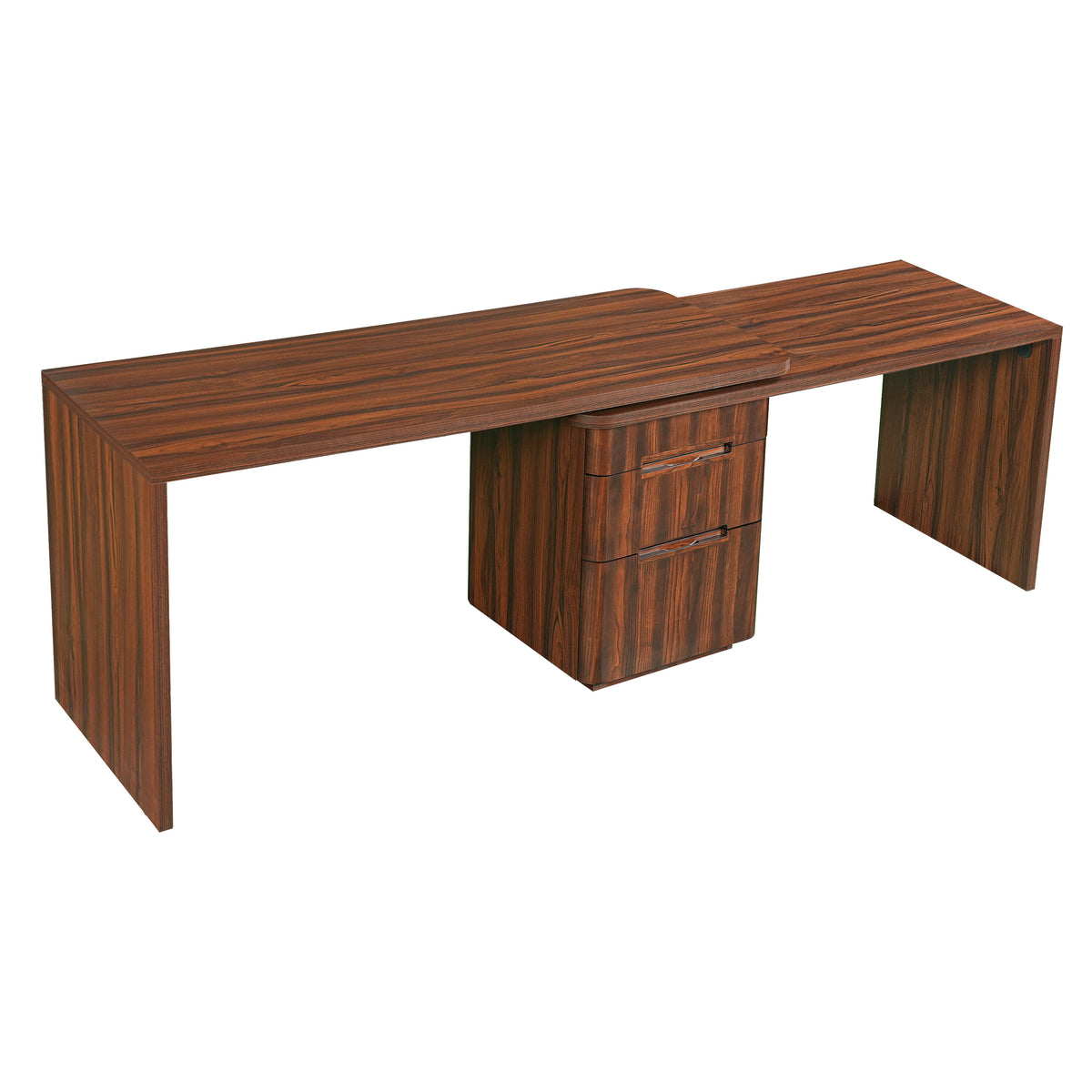 Walnut L-shaped desk with 3 drawers and 360-degree rotation by Anthony & Home, featuring a sleek modern design and ample workspace.