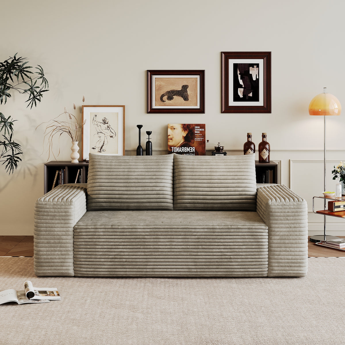 Signature corduroy camel two-seater sofa by Anthony & Home, showing plush fabric and stylish design in a modern living room setting.