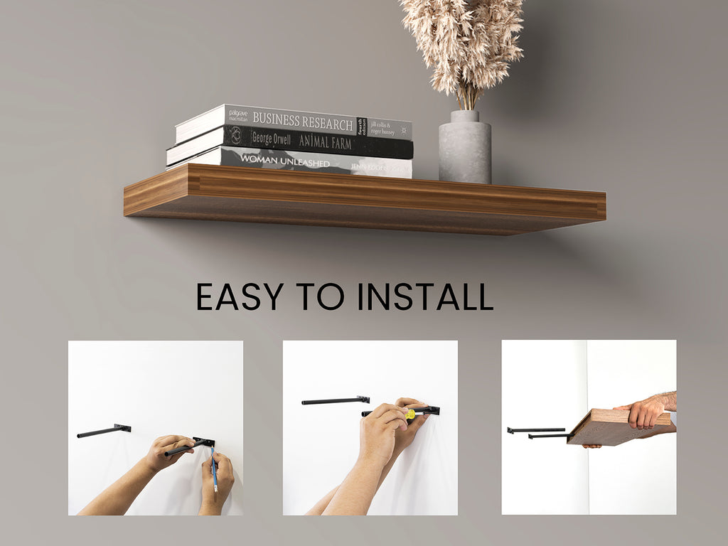 Set of 2 Anthony & Home 31.5-inch matte finish floating shelves mounted on a wall with decorative items.