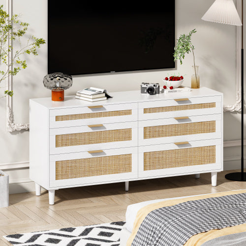 59 Inch Rattan Dresser With Six Drawers White Wood Legs