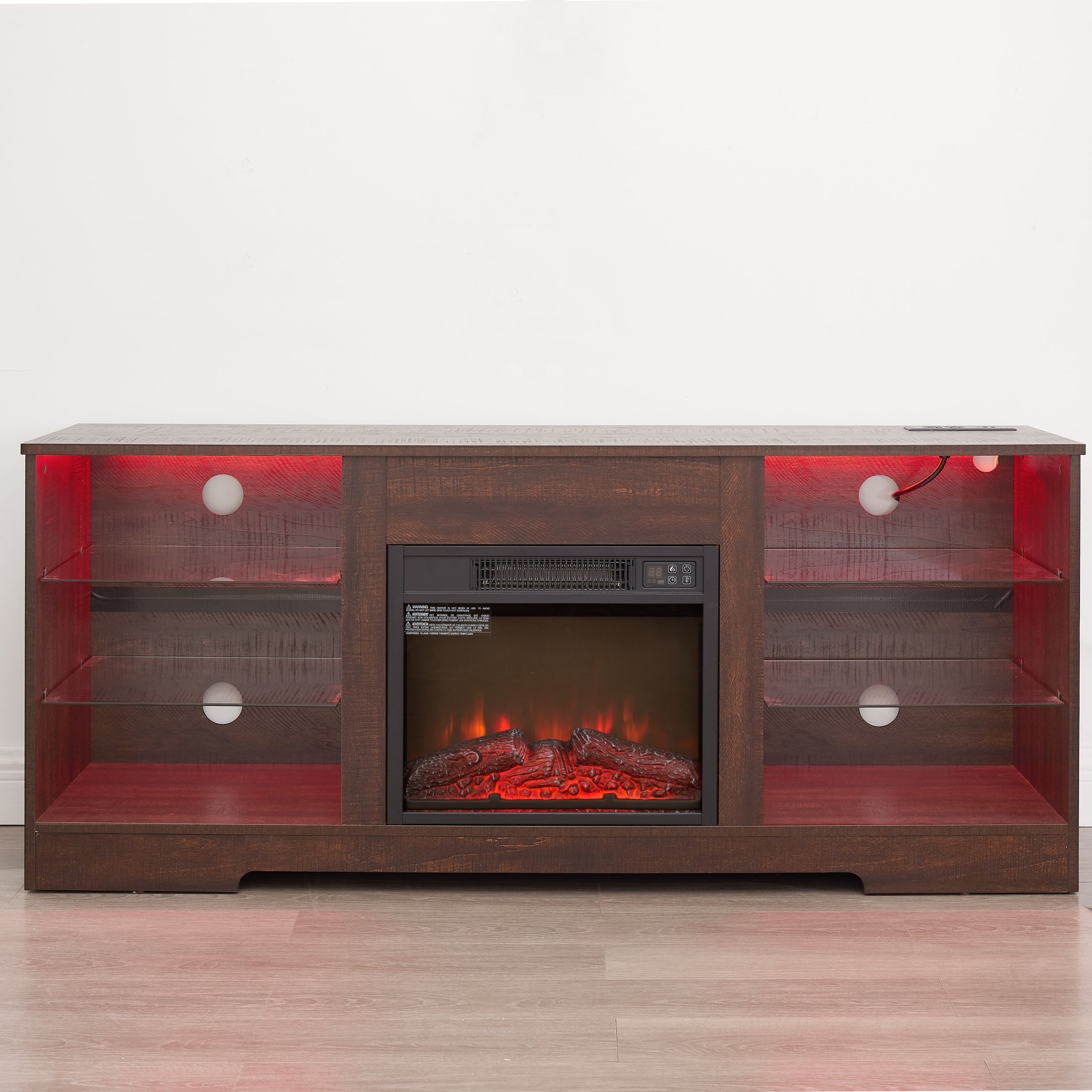 Anthony & Home electric fireplace TV stand with glass shelves, LED lighting, USB outlet, part of the Studio Collection, modern design