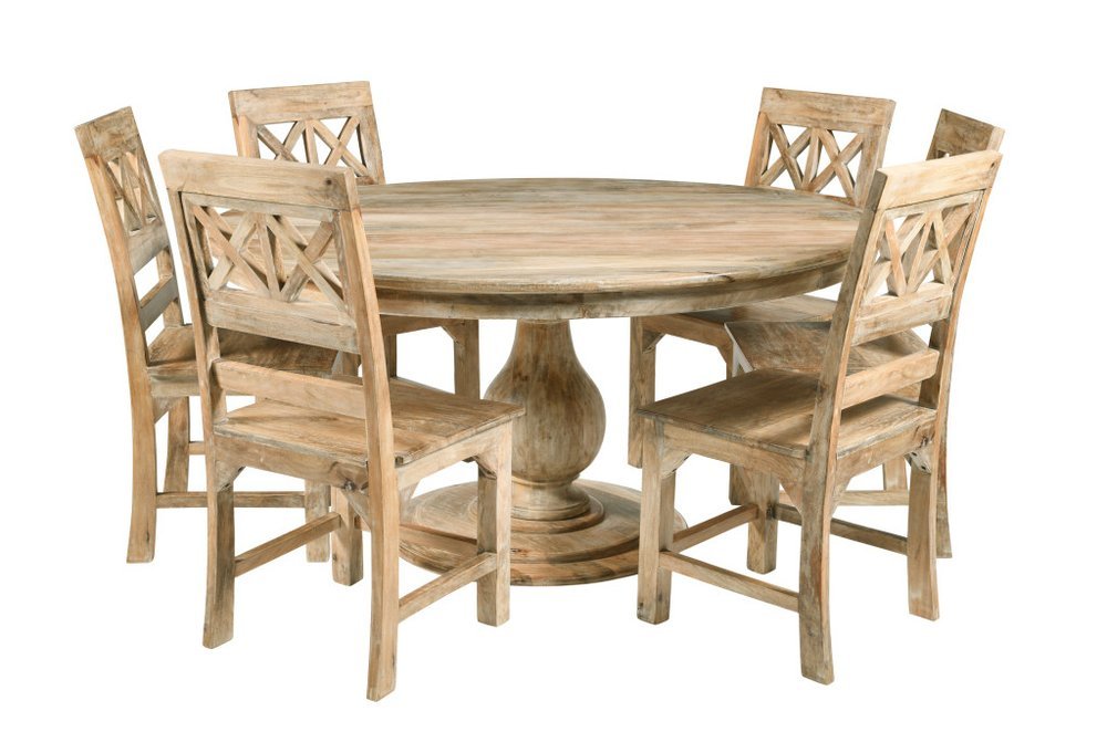 Seven Piece Natural Round Solid Wood Dining Set with Six Chairs - Anthony & Home