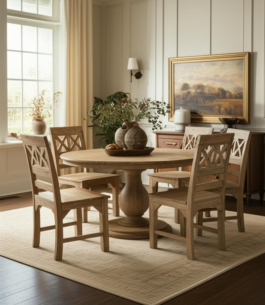 Seven Piece Natural Round Solid Wood Dining Set with Six Chairs - Anthony & Home