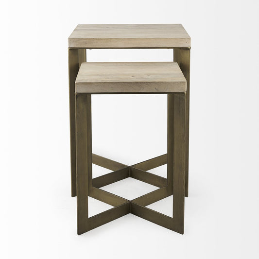 Set of Two Natural and Gold Solid Wood and Metal Square Cross Legs Nested Tables