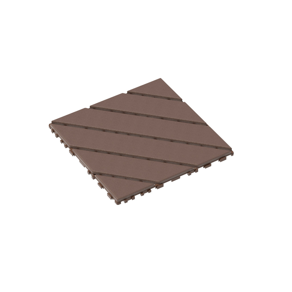Brown interlocking polypropylene deck tiles from Anthony & Home, showing a close-up of textured surface and interlocking edges.