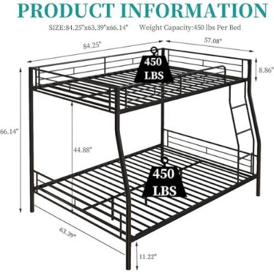 Heavy Duty Metal Bunk Bed Full Over Queen Bunk Bed Frame For Adults, Noise Free Frames, No Boxing Spring Needed