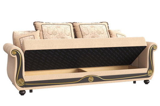95" Beige Chenille Convertible Futon Sleeper Sofa And Toss Pillows With Storage
