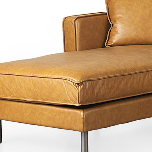Tan Genuine Leather L Shaped Sofa and Chaise Sectional With Toss Pillows