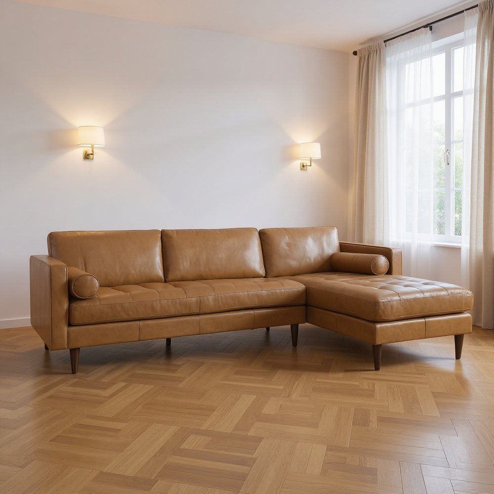 Tan Genuine Leather L Shaped Sofa and Chaise Sectional With Toss Pillows