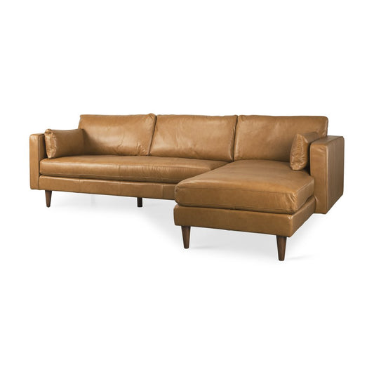 Tan Genuine Leather L Shaped Sofa and Chaise Sectional With Toss Pillows