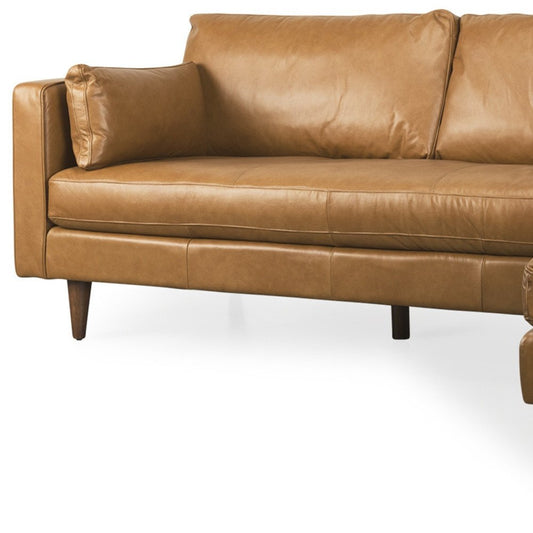 Tan Genuine Leather L Shaped Sofa and Chaise Sectional With Toss Pillows