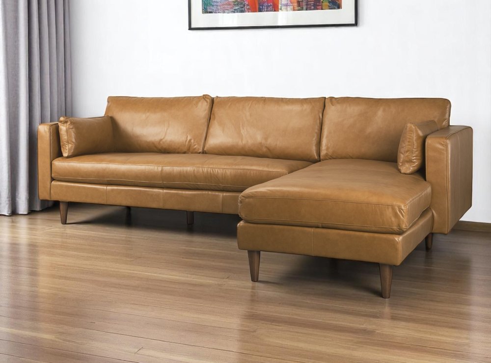 Tan Genuine Leather L Shaped Sofa and Chaise Sectional With Toss Pillows
