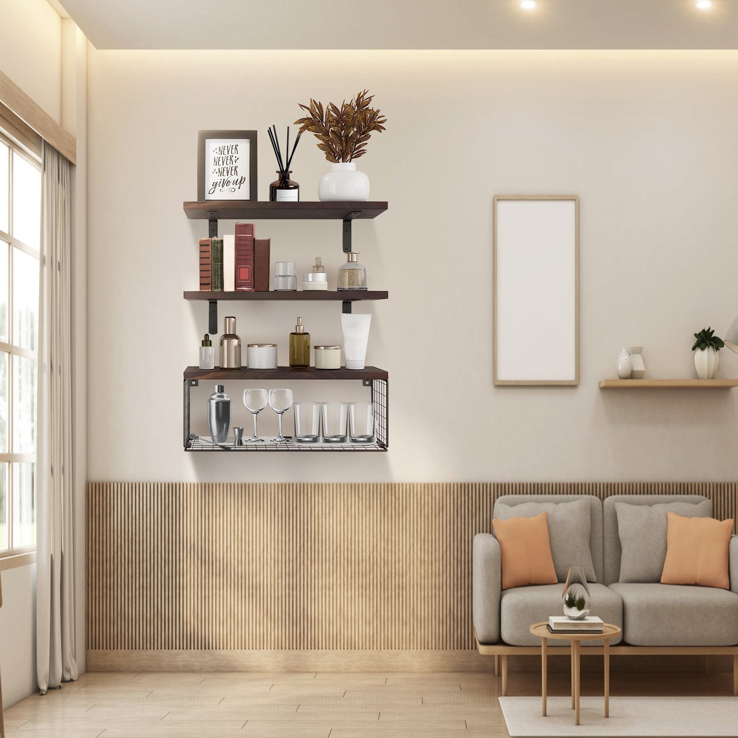 2 In 1 Wall Mounted Floating Shelves With Storage Basket