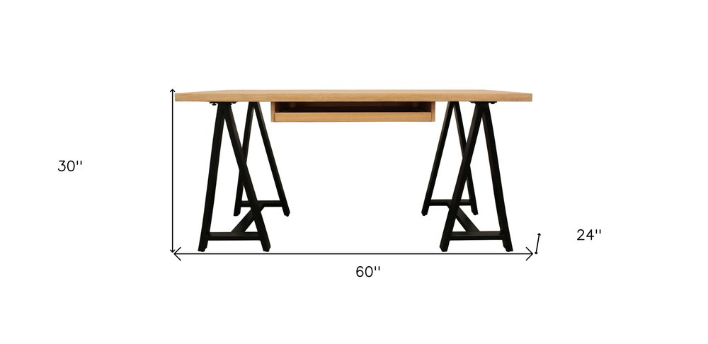 60" Natural and Black Solid Wood and Metal Trestle Executive Desk