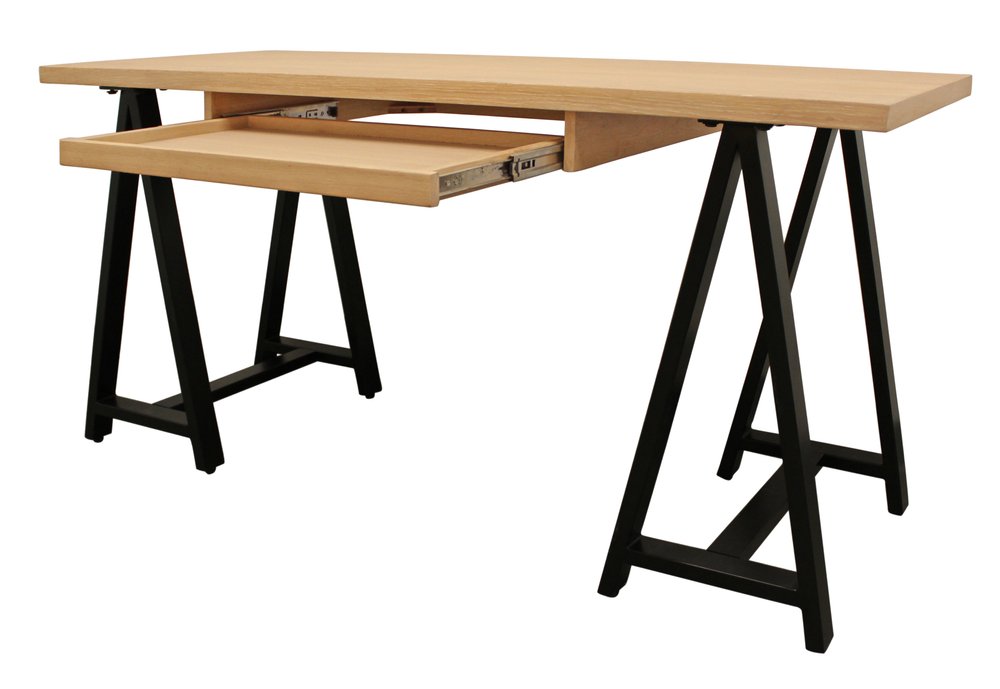 60" Natural and Black Solid Wood and Metal Trestle Executive Desk