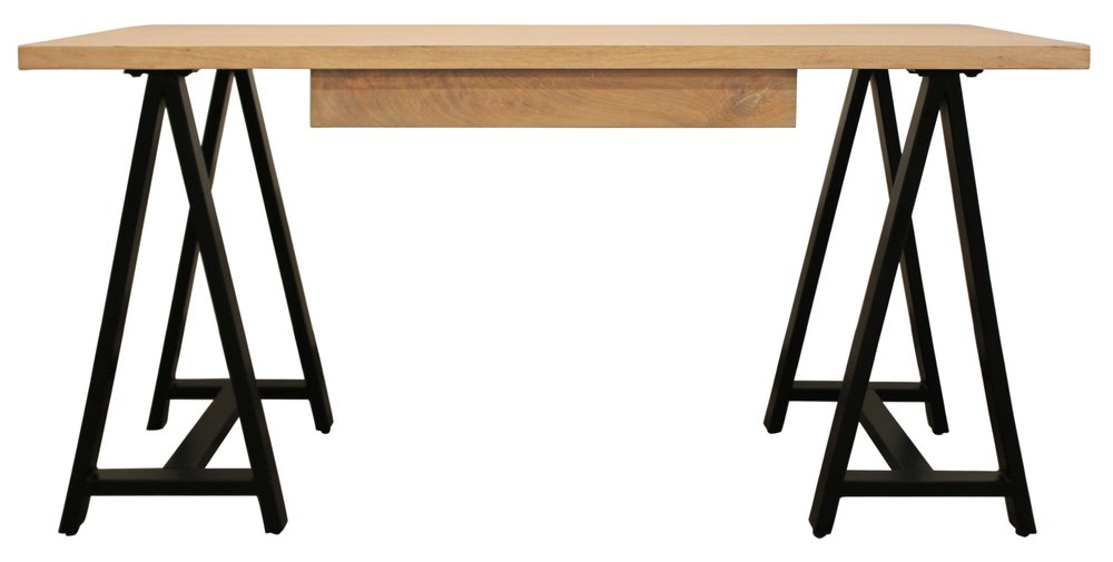 60" Natural and Black Solid Wood and Metal Trestle Executive Desk