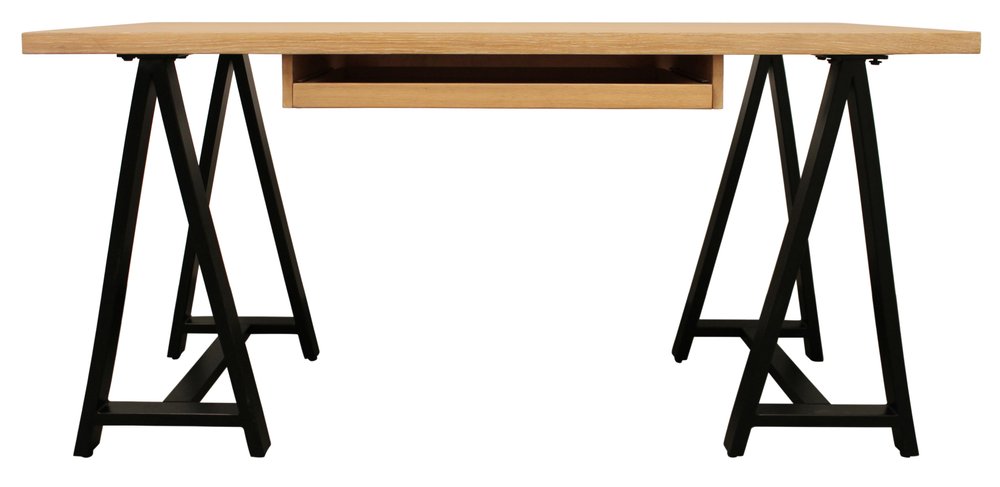 60" Natural and Black Solid Wood and Metal Trestle Executive Desk
