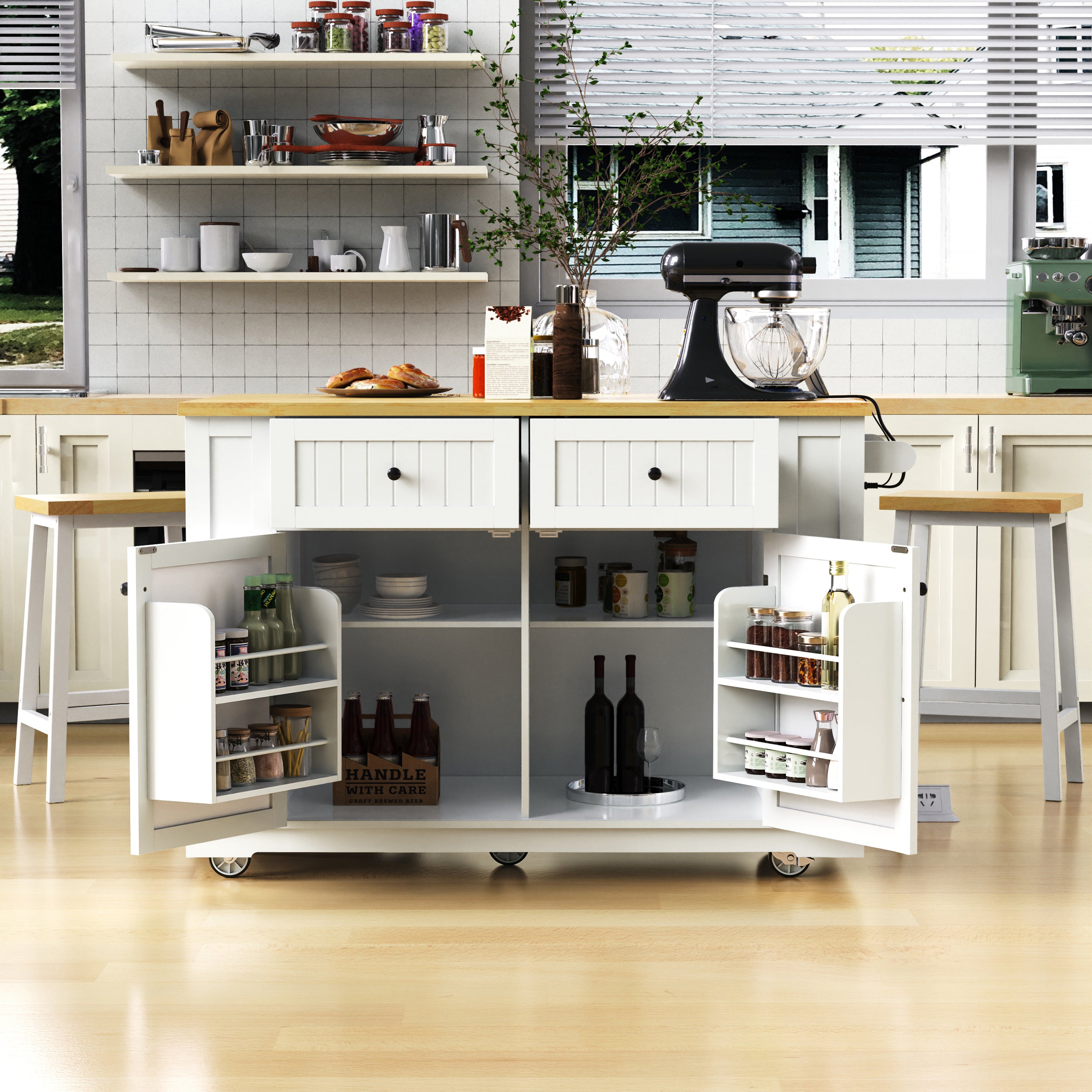 White Kitchen Island With Bar Stools Power Outlet Drop Leaf And Internal Storage Rack In Luxury Collection